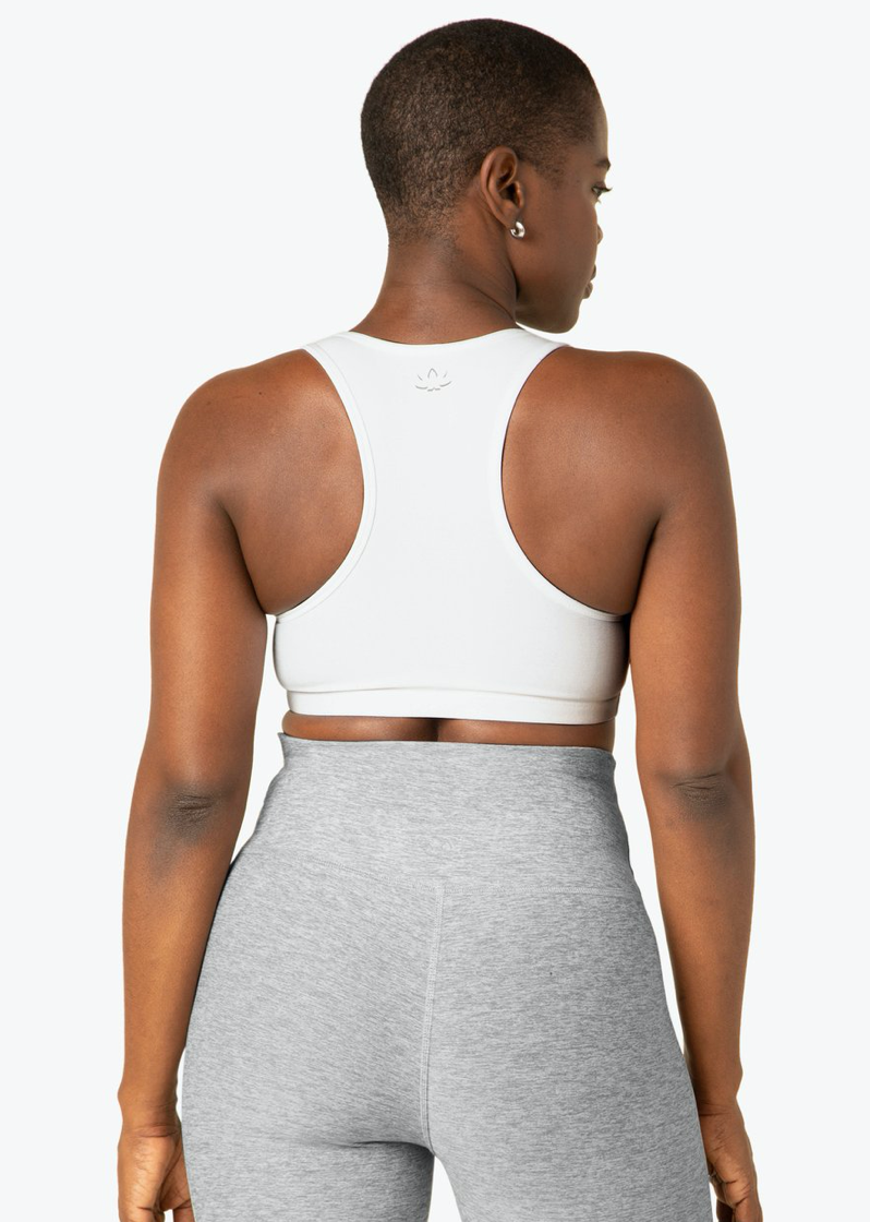 Back view of the Beyond Yoga Spacedye Lift Your Spirits Bra in Cloud White