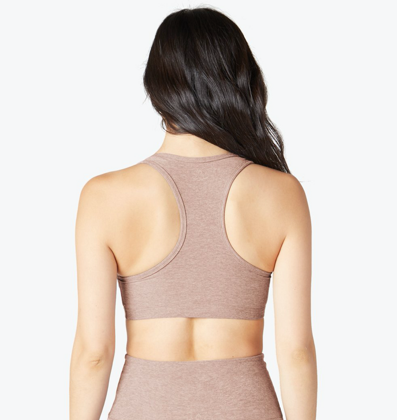 Back view of the Beyond Yoga Spacedye Lift Your Spirits Bra in Chai