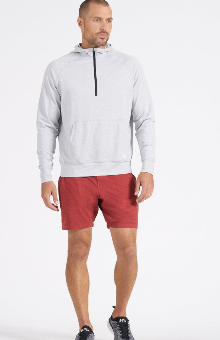 Frontal view of the Vuori Men's Ponto Performance Half Zip Hoodie in Platinum Heather 